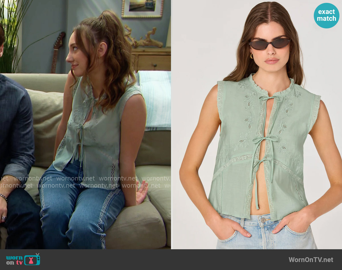 ASTR The Label Lace Trim Tie-Front Top in Sage worn by Melissa Dylan (Sydney Bullock) on The Bold and the Beautiful