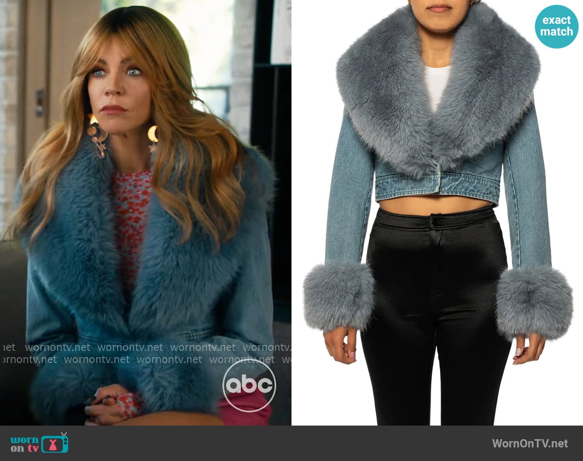Azalea Wang Denim Trucker Jacket with Faux Fur Cuffs & Removable Faux Fur Collar worn by Morgan Gillory (Kaitlin Olson) on High Potential