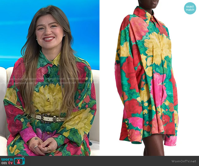 Balmain Crepe Shirt Dress with Roses Print worn by Kelly Clarkson on Today