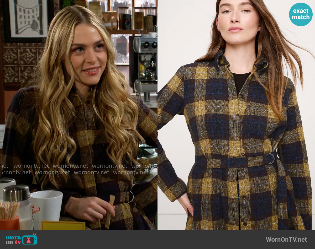 Banana Republic Flannel Belted Tunic Shirt in Blue Plaid worn by Claire Grace (Hayley Erin) on The Young and the Restless