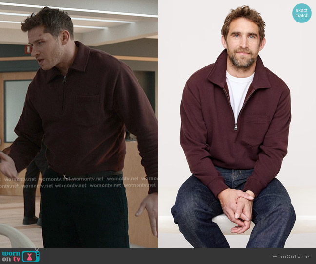 Banana Republic Fleece Zip Sweatshirt in Wicked Purple worn by Evan Buckley (Oliver Stark) on 9-1-1