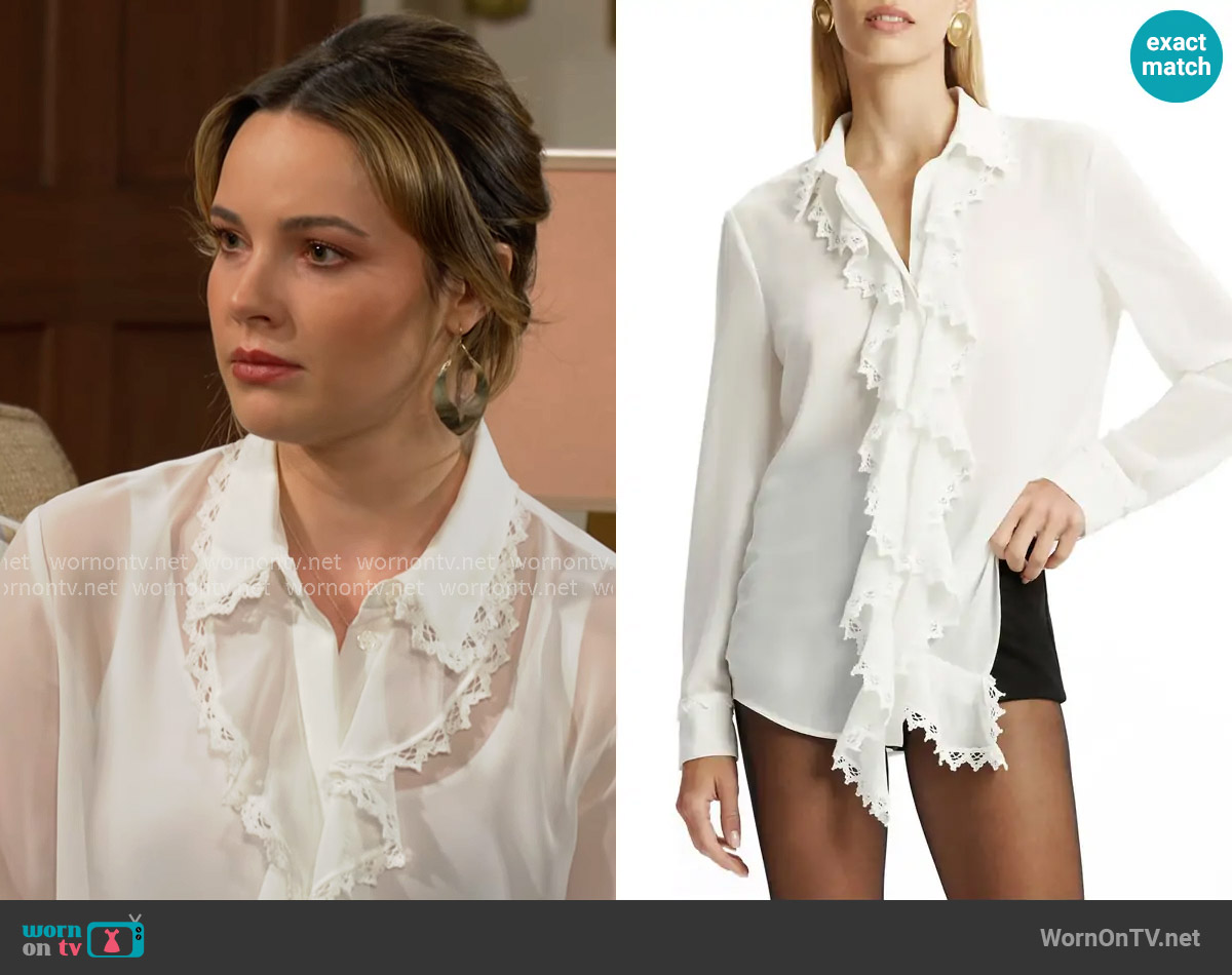 Bardot Jolanda Ruffle Front Button-Up Shirt worn by Tessa Porter (Cait Fairbanks) on The Young and the Restless