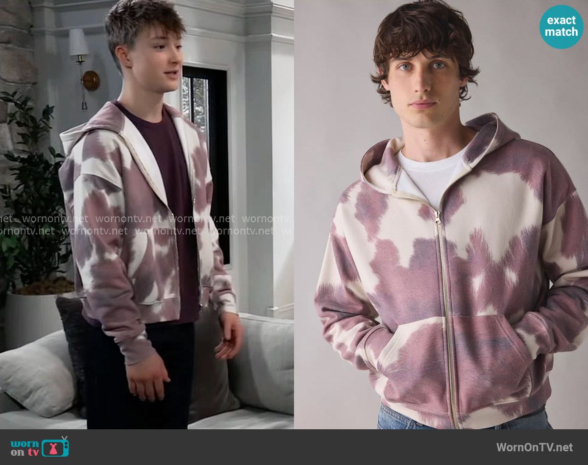 BDG Cow Print Patterned Full Zip Hoodie Sweatshirt worn by Danny Morgan (Asher Jared Antonyzyn) on General Hospital