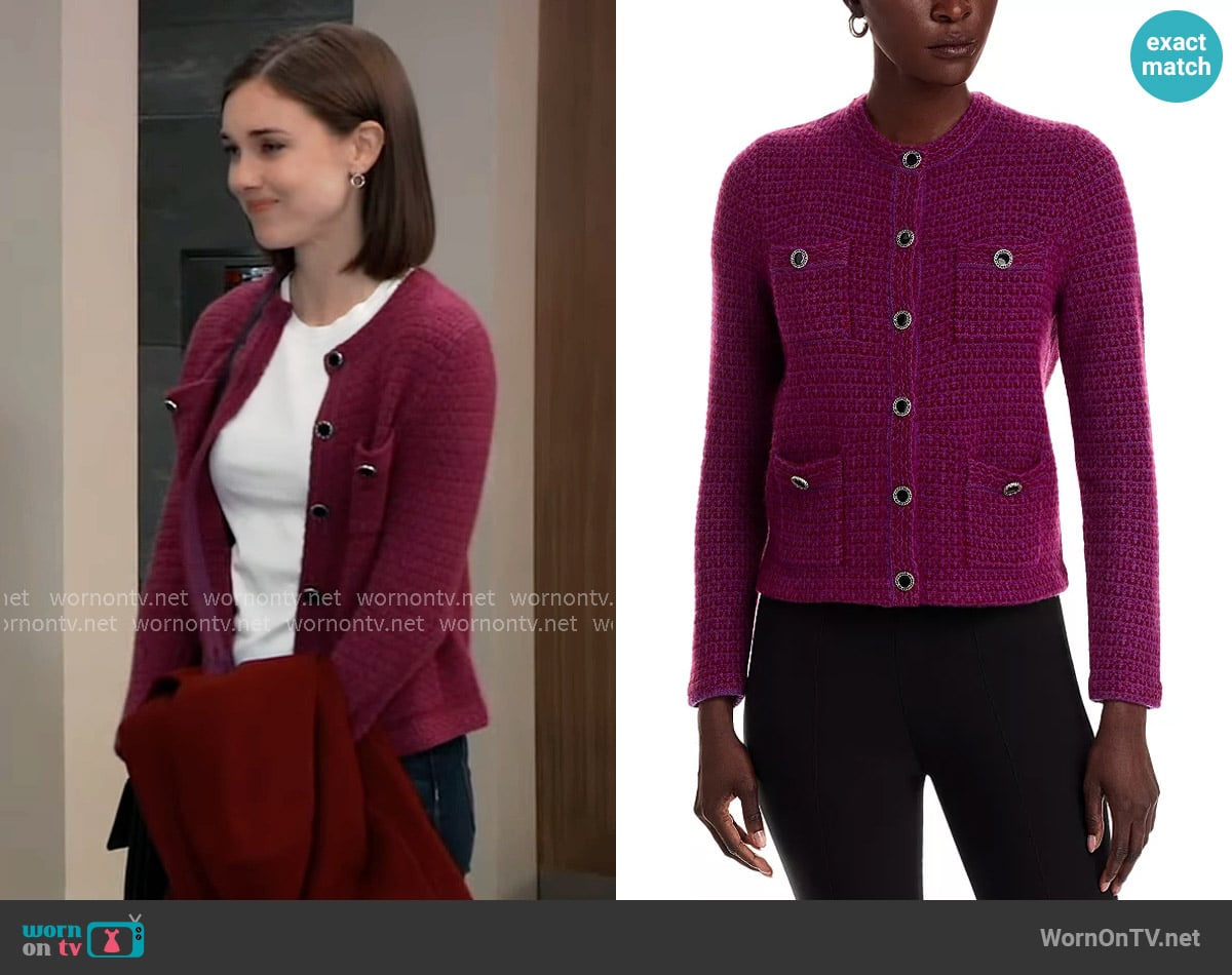 C by Bloomingdales 100% Cashmere Crewneck Pocket Cardigan in Boysenberry worn by Willow Tait (Katelyn MacMullen) on General Hospital