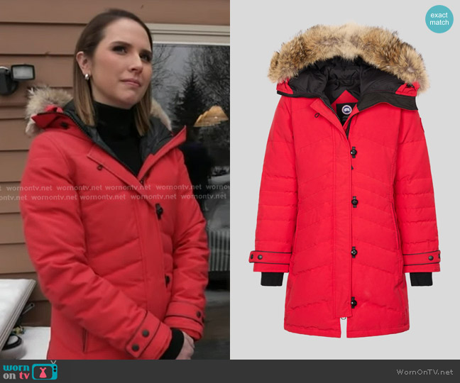 Canada Goose Lorette Parka Fusion Fit Heritage in Red worn by Elizabeth Schulze on Good Morning America