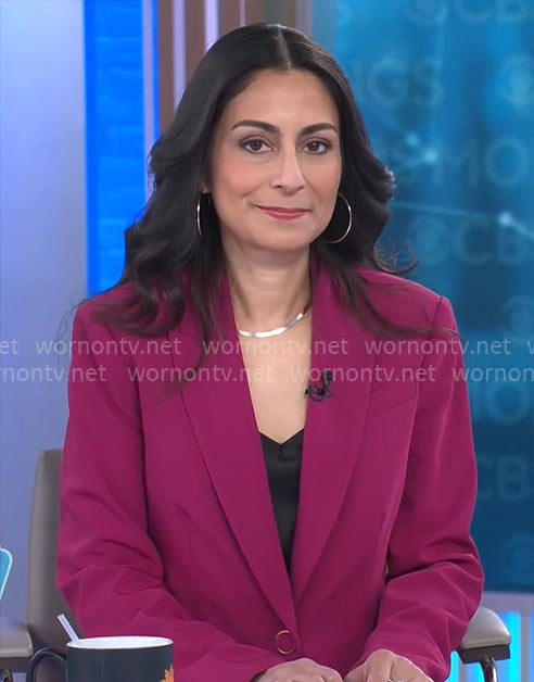 Celine Gounder’s magenta pink blazer on CBS Mornings