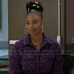 Chelsea’s purple plaid tweed long jacket on Beyond the Gates
