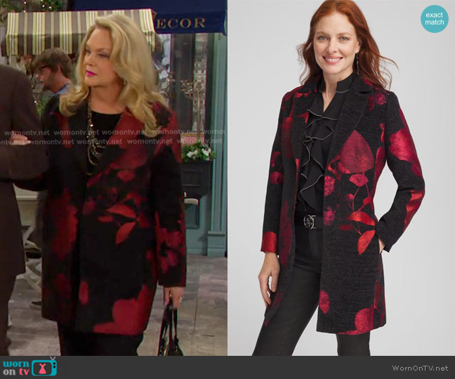 Chico's Floral Jacquard Topper in Red Allure worn by Anna DiMera (Leann Hunley) on Days of our Lives