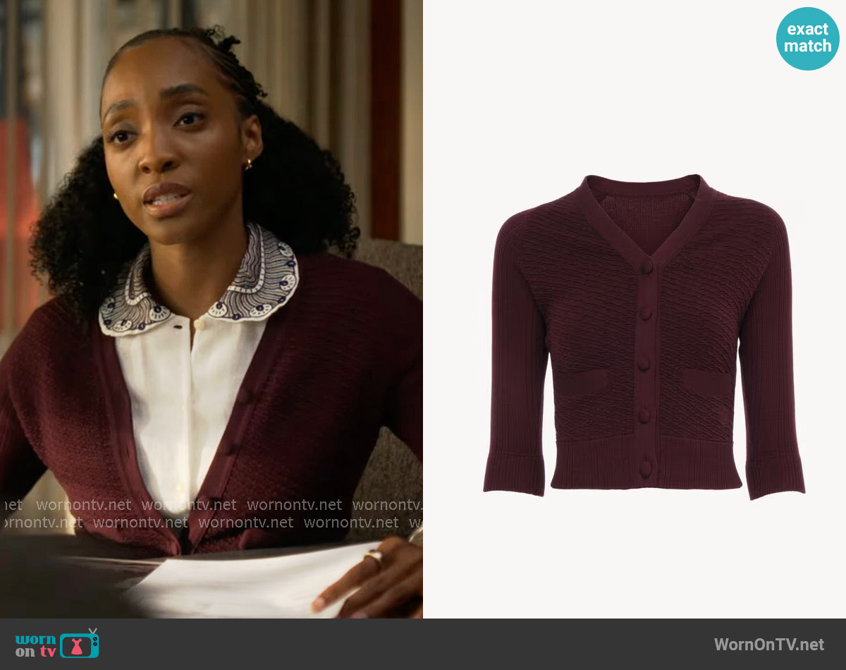 Chloe Fitted V-neck cardigan in a wool knit worn by Faith Mitchell (Iantha Richardson) on Will Trent