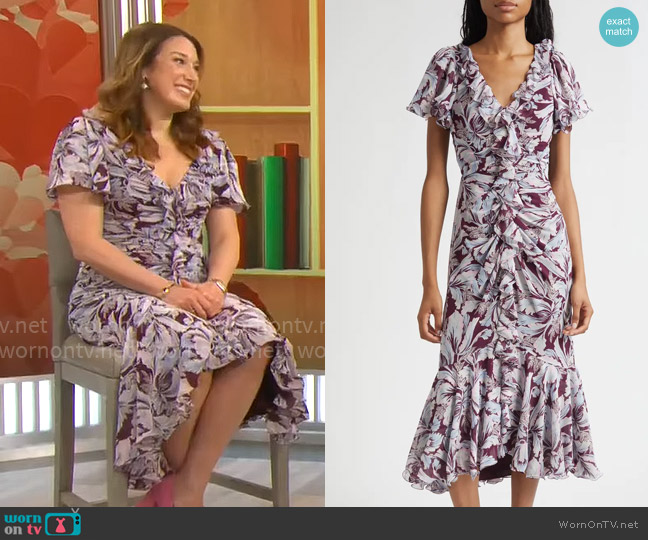 Cinq a Sept Clio Dress in Deep Plum Multi worn by Sarah Gelman on CBS Mornings
