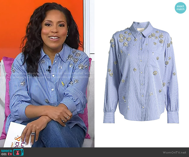 Cinq a Sept Lola Pinstripe Embellished Shirt worn by Sheinelle Jones on Today