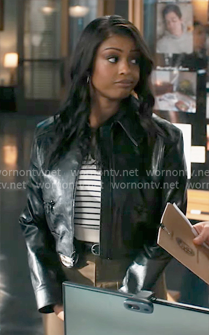 Daphne’s striped polo top and leather jacket on High Potential