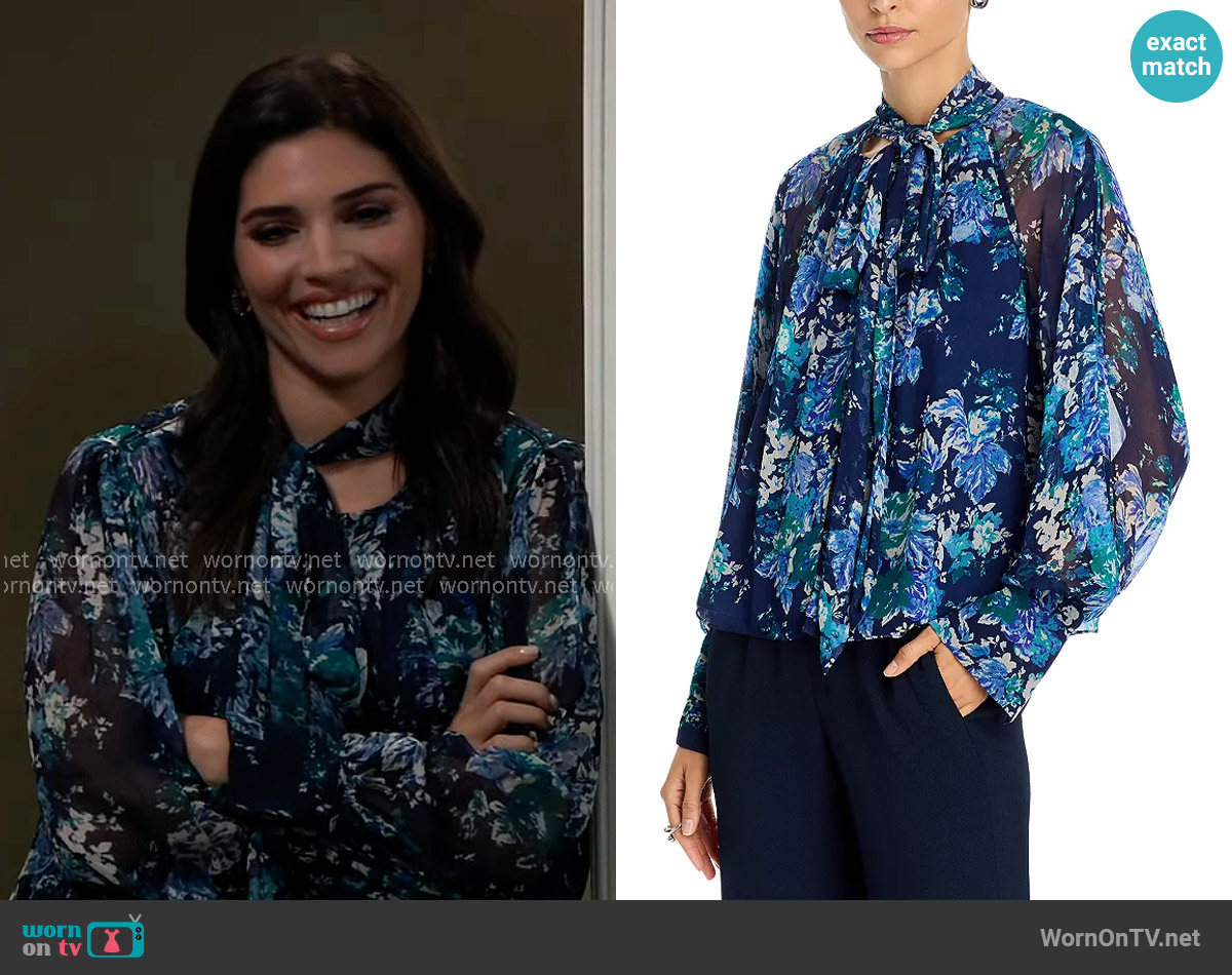 Derek Lam 10 Crosby Aderyn Tapestry Print Tie Neck Blouse worn by Brook Lynn Quartermaine (Amanda Setton) on General Hospital