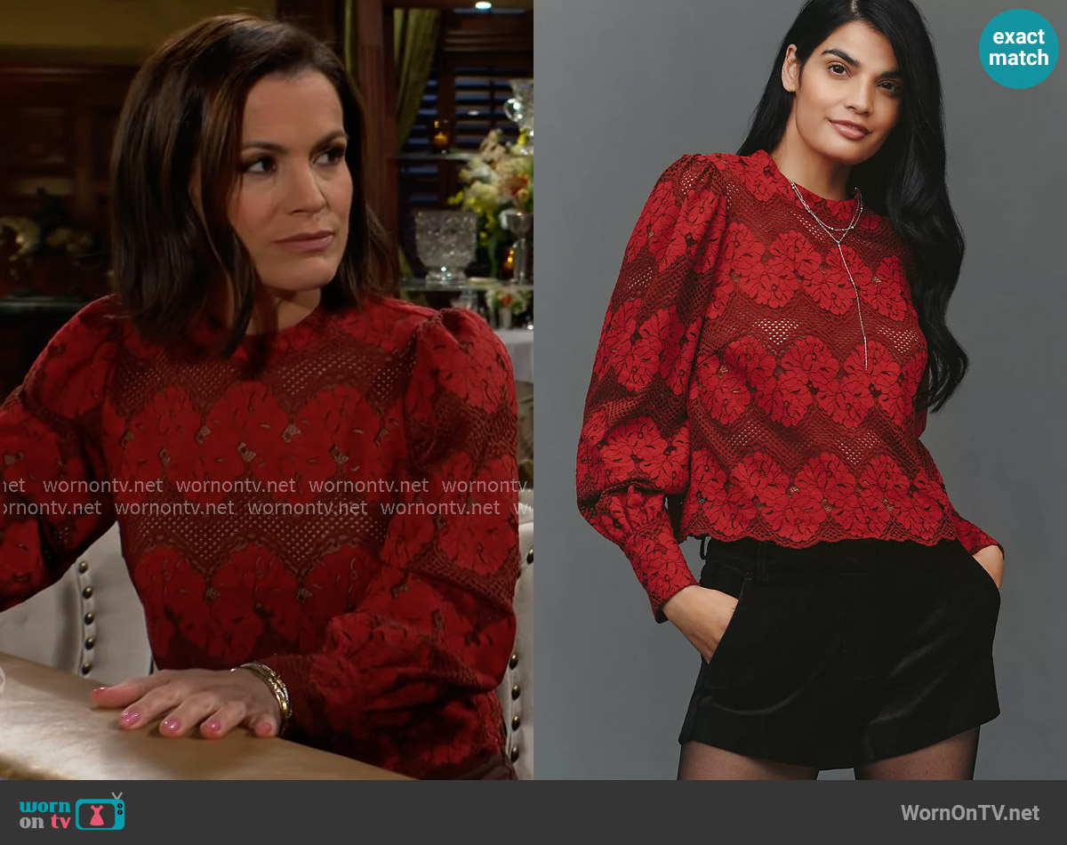Dolan Left Coast Mock-Neck Lace Blouse worn by Chelsea Lawson (Melissa Claire Egan) on The Young and the Restless