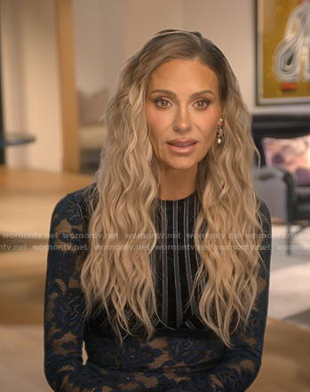 Dorit’s striped floral lace confessional top on The Real Housewives of Beverly Hills