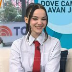 Dove Cameron’s striped shirt and grey pencil skirt on Today