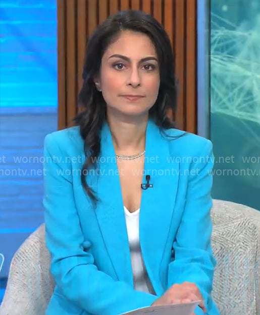 Dr Celine Gounder’s turquoise blue blazer on CBS Mornings