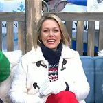 Dylan’s navy print turtleneck sweater and white toggle jacket coat on Today