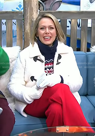Dylan’s navy print turtleneck sweater and white toggle jacket coat on Today