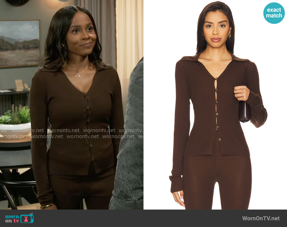 Eaves Bailee Rib Cardigan in Chocolate Brown worn by Hayley Lawson (Marquita Goings) on Beyond the Gates