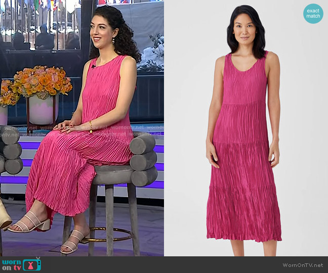 Eileen Fisher Crushed Silk Tiered Dress in Geranium worn by Elena Nicolaou on Today