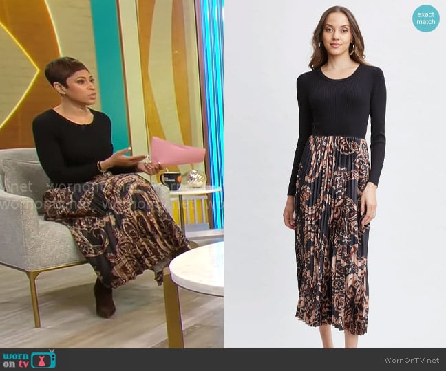 Elie Tahari Paisley Pleated Midi Dress worn by Jericka Duncan on CBS Mornings