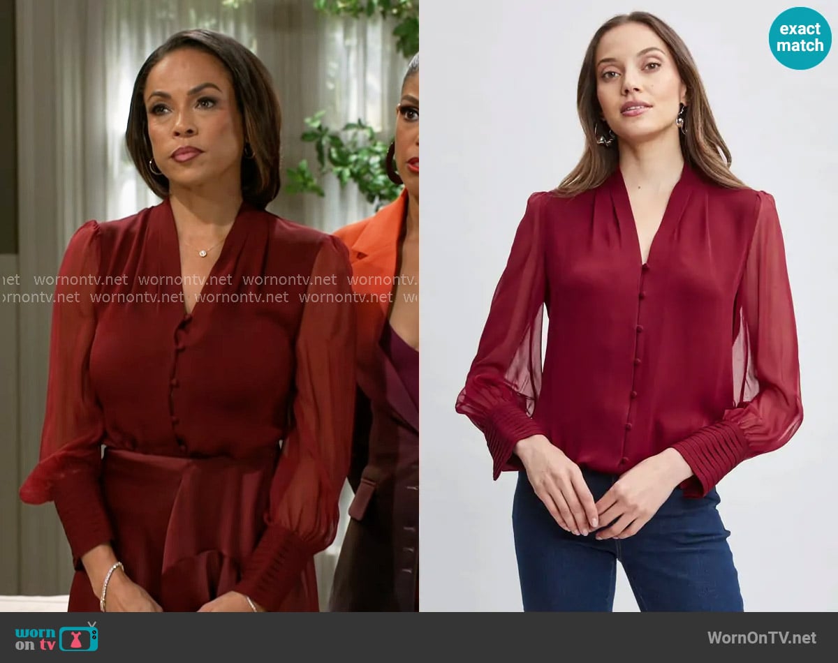 Elie Tahari Silk Blouson Button Shirt in Sangria worn by Nicole Dupree Richardson (Daphnee Duplaix) on Beyond the Gates