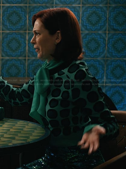 Elsbeth’s green polka dot cardigan on Elsbeth
