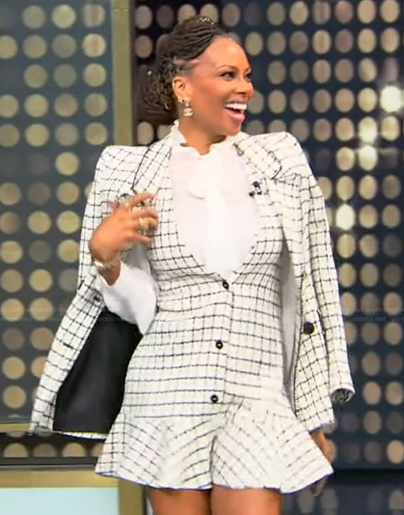 Eva Marcille’s white tweed check dress and blazer on Tamron Hall Show