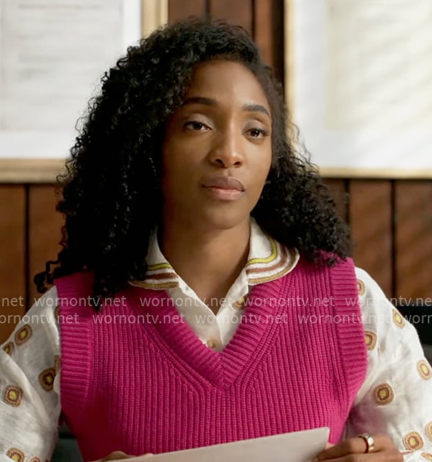 Faith’s embroidered shirt and pink sweater vest on Will Trent
