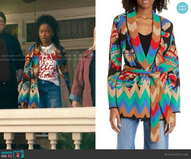 Farm Rio Chevron Forest Jacquard Belted Cardigan worn by Samira Fisher (Keke Palmer) on The Burbs