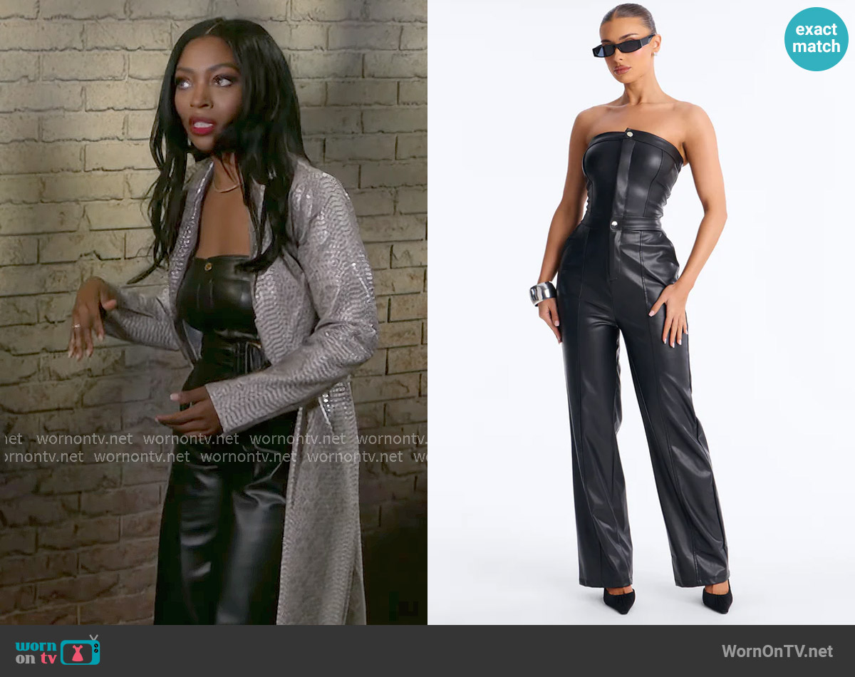 Fashion Nova Maggie Strapless Faux Leather Jumpsuit worn by Lynette Wise (Dominique Madison) on Beyond the Gates