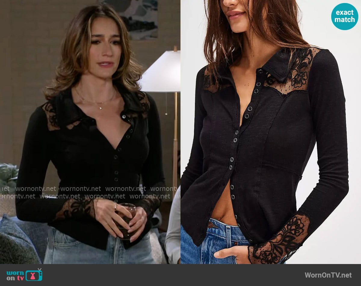 Free People Rosebud Cuff Top in Black worn by Ashley Morgan (Jen Jacob) on Beyond the Gates