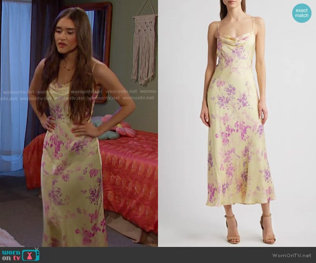 French Connection Elyria Oona Satin Midi Dress in Cornsilk Yellow Mult worn by Arianna Horton (Marissa Reyes) on Days of our Lives