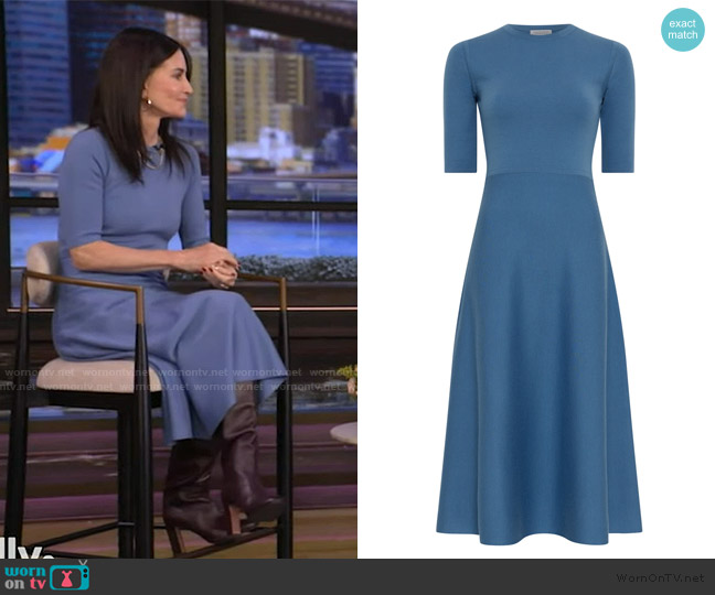 Gabriela Hearst Seymore Knit Midi Dress in Sky Merino Wool Cashmere worn by Courtney Cox Dettore on Live with Kelly and Mark