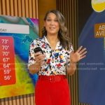 Ginger’s printed button down shirt and red belted pants on Good Morning America