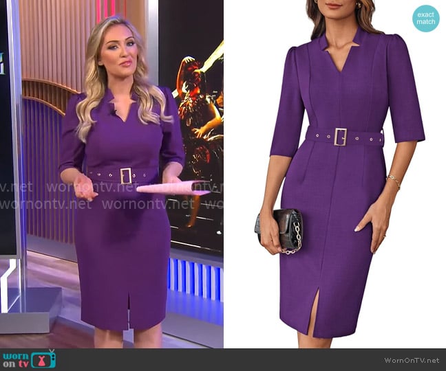 Grace Karin Sheath Dress with Belt in Purple worn by Kelly O'Grady on CBS Mornings
