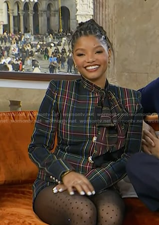 Halle Bailey’s tartan jacket and mini skirt on Today
