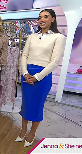 Hannah Bronfman’s white v-neck sweater and sequin pencil skirt on Today