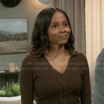 Hayley’s brown button front top and pants set on Beyond the Gates