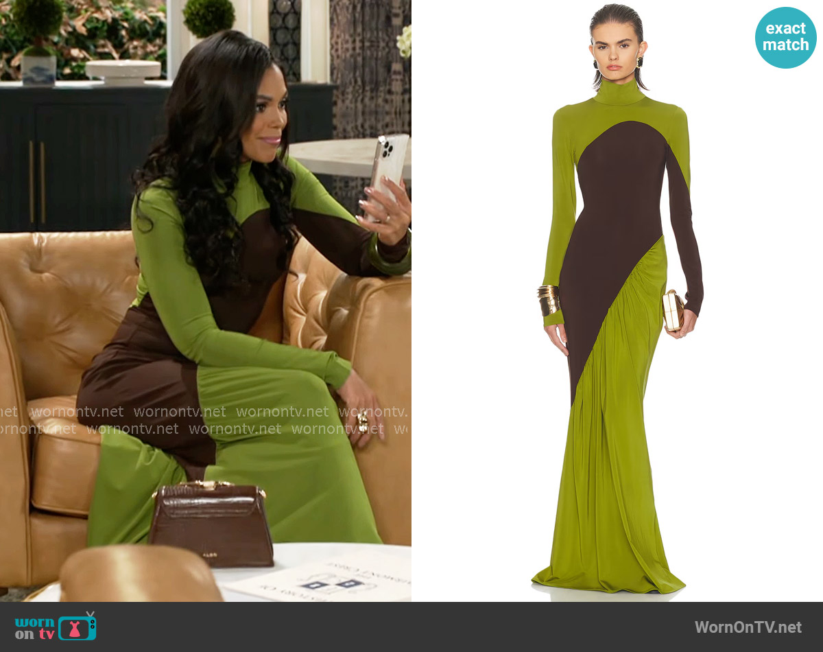 Helsa The Abstraction Color Blocked Jersey Dress in Pistachio & Coffee Bean worn by Dani Dupree (Karla Mosley) on Beyond the Gates
