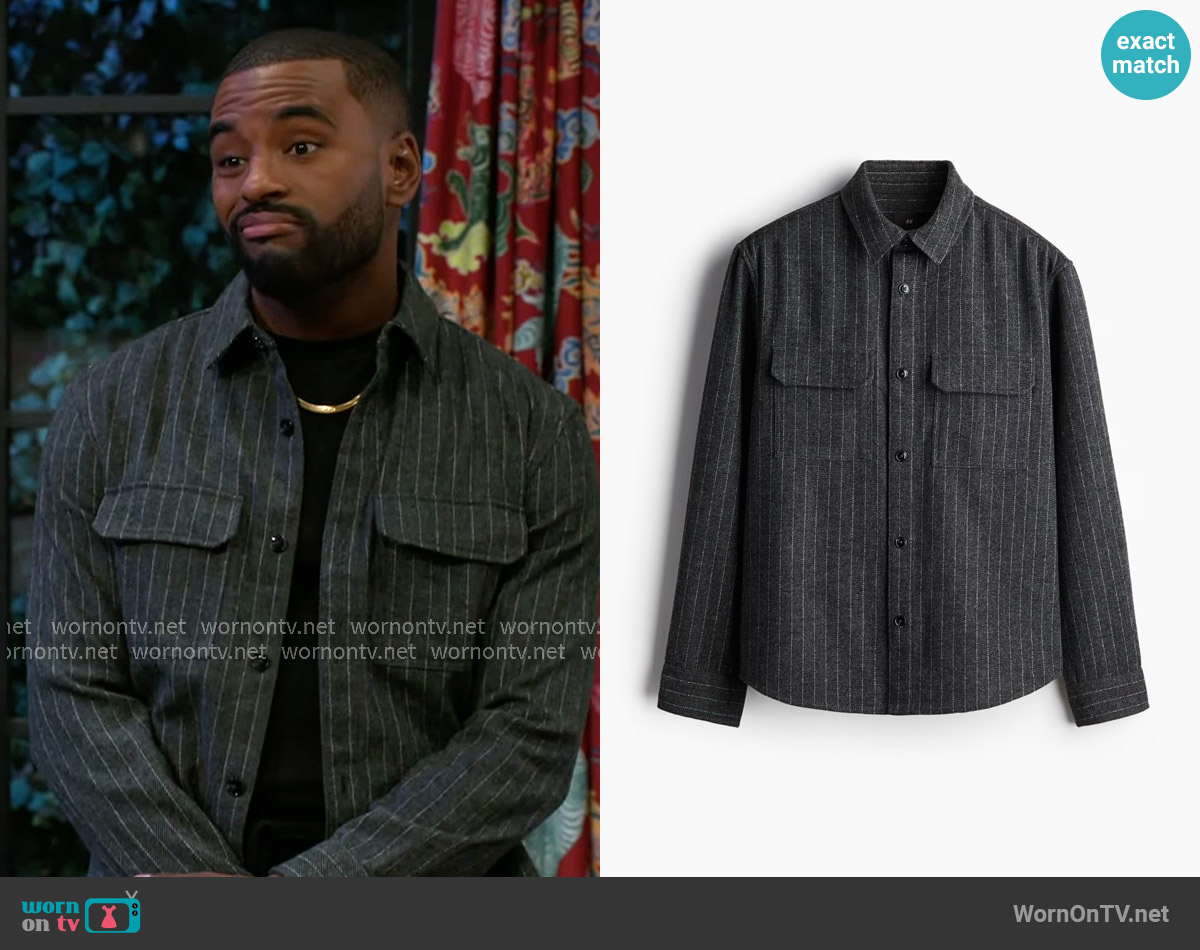 H&M Regular Fit Felted Overshirt in Gray / Pinstripe worn by Andre Richardson (Sean Freeman) on Beyond the Gates