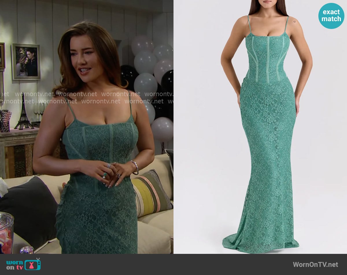 House of CB Antonina Mermaid Gown in Feld Spar worn by Steffy Forrester (Jacqueline MacInnes Wood) on The Bold and the Beautiful