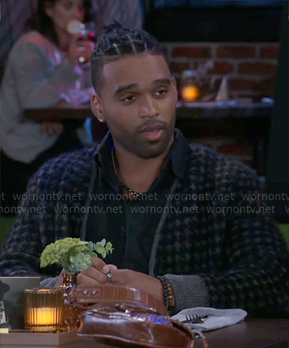 Izaiah’s grey houndstooth cardigan on Beyond the Gates