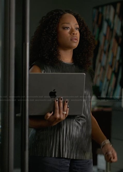 Izzy’s black leather pleated top on The Lincoln Lawyer