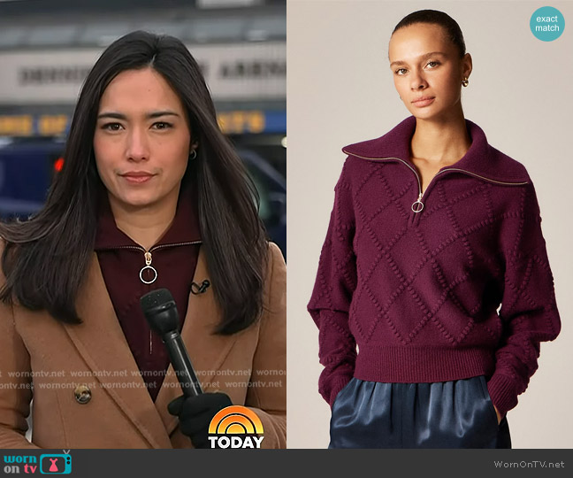 J. Crew Popcorn-stitch Quarter-zip Sweater in Darkstar Burgundy worn by Emilie Ikeda on Today