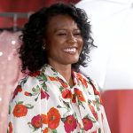 Janai’s white poppy print tie neck blouse and pants on Good Morning America