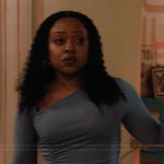 Janine’s blue ruched front dress on Abbott Elementary