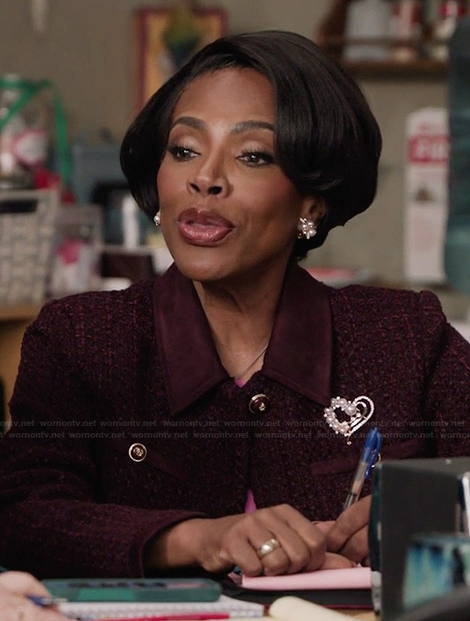Janine’s burgundy tweed jacket on Abbott Elementary