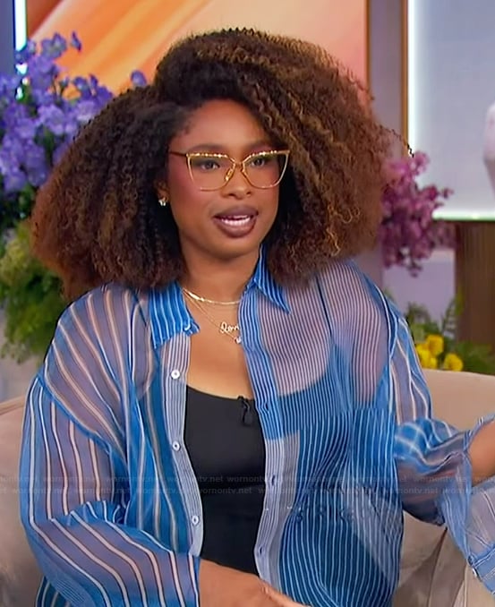 Jennifer’s blue sheer stripe blouse on The Jennifer Hudson Show